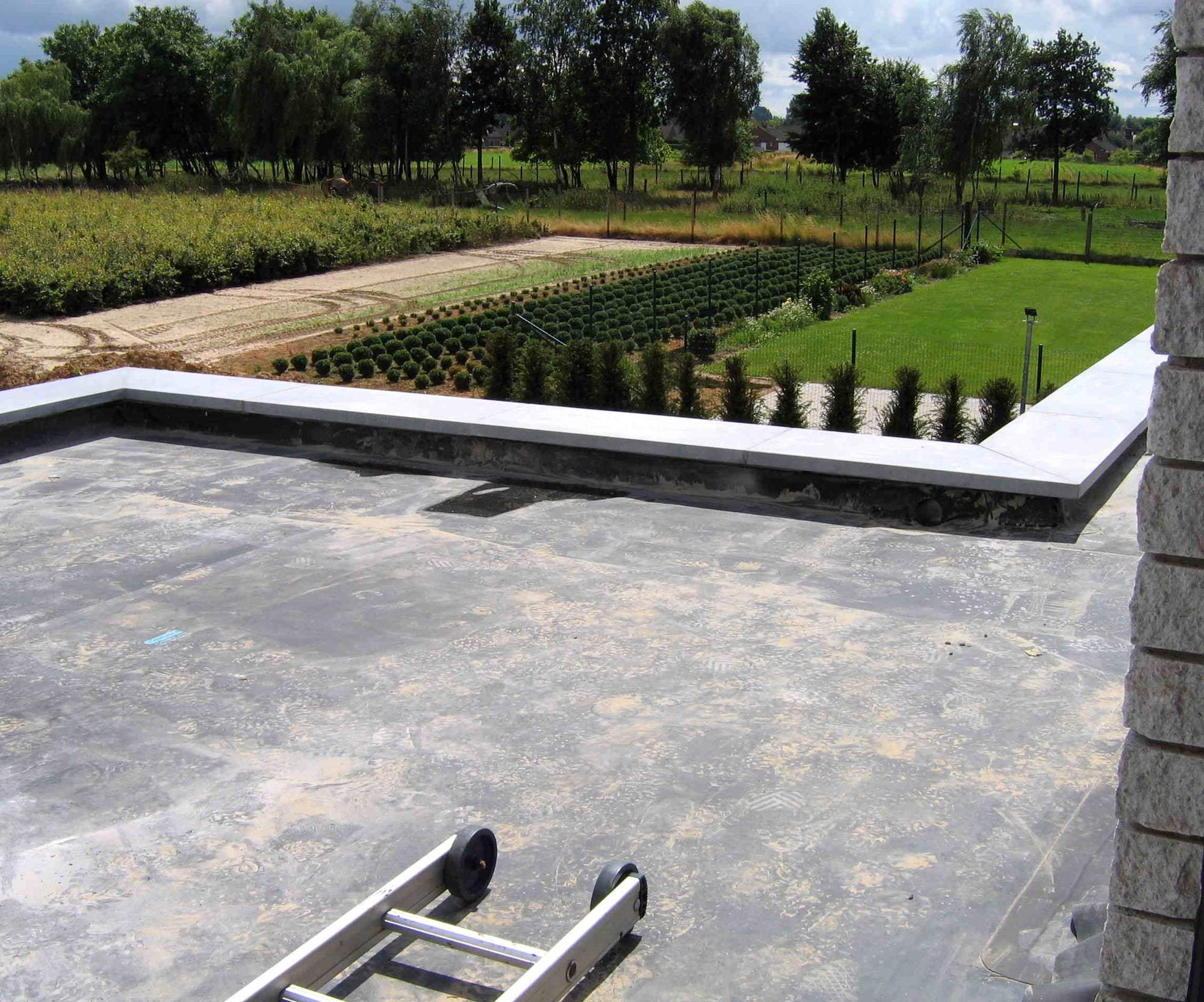 A flat roof covered in a dark rubber membrane, with a ladder resting at the edge.